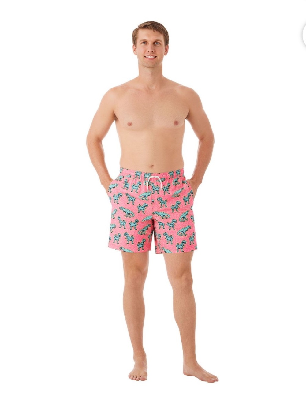 Men's Pink Dinosaur Printed Swim Shorts With Built in Liner